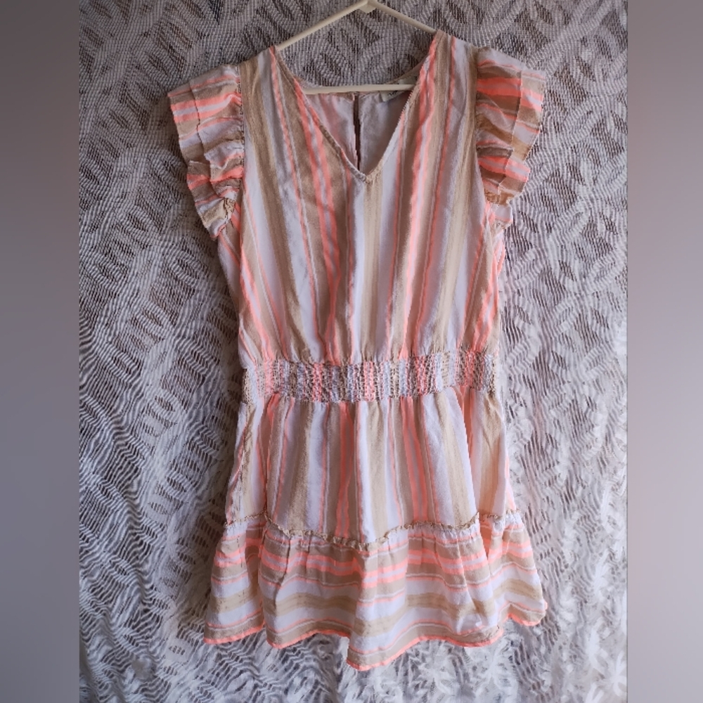 Vineyard vines dress large pink tan striped shirt sleeves cotton